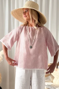 Alessia pellavapaita, pink stripe + white lace