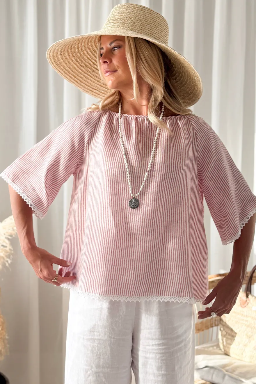 Alessia pellavapaita, pink stripe + white lace