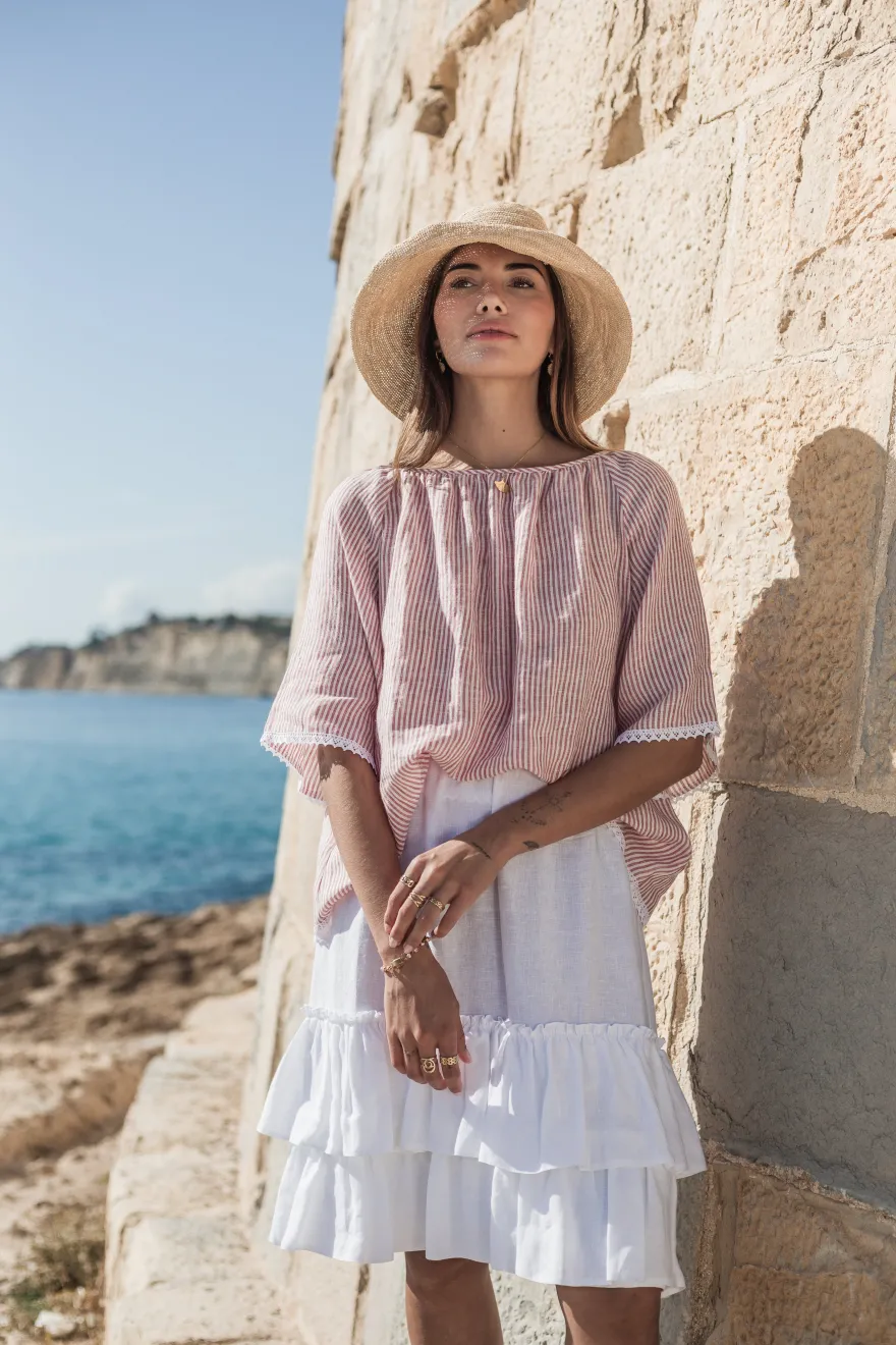 Alessia pellavapaita, pink stripe + white lace