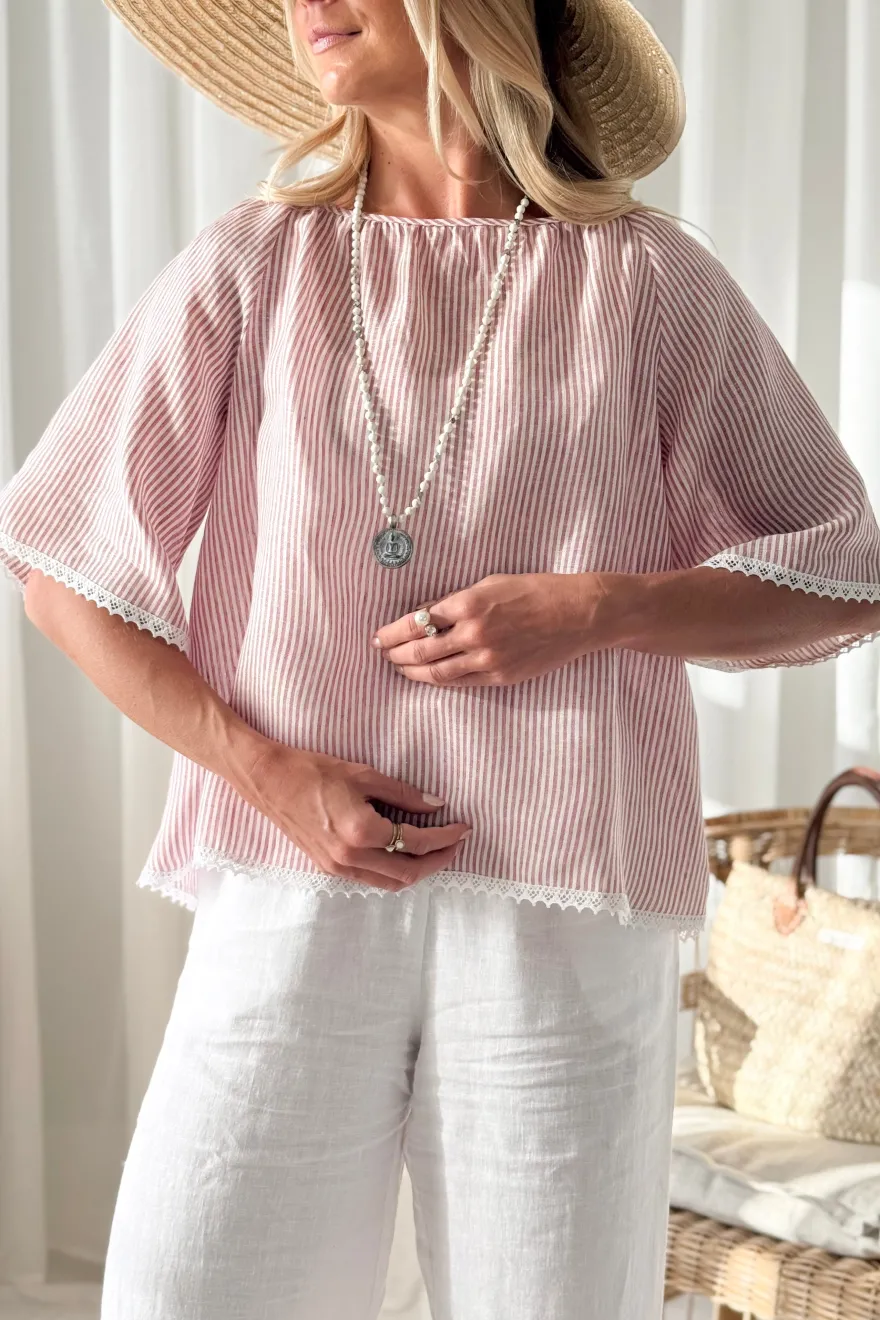 Alessia pellavapaita, pink stripe + white lace