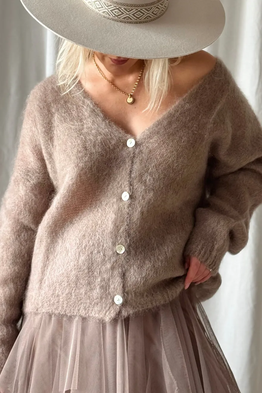Coziness mohairneuletakki, taupe