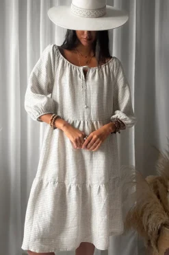 Emilia long pellavamekko, beige check