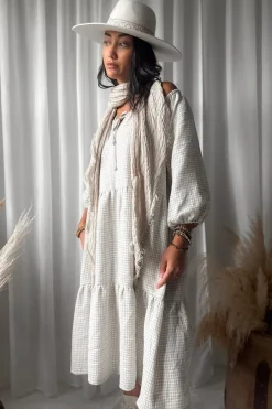 Emilia long pellavamekko, beige check