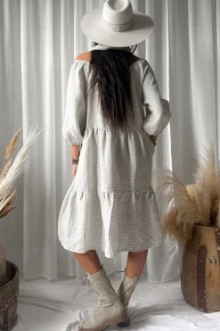 Emilia long pellavamekko, beige check