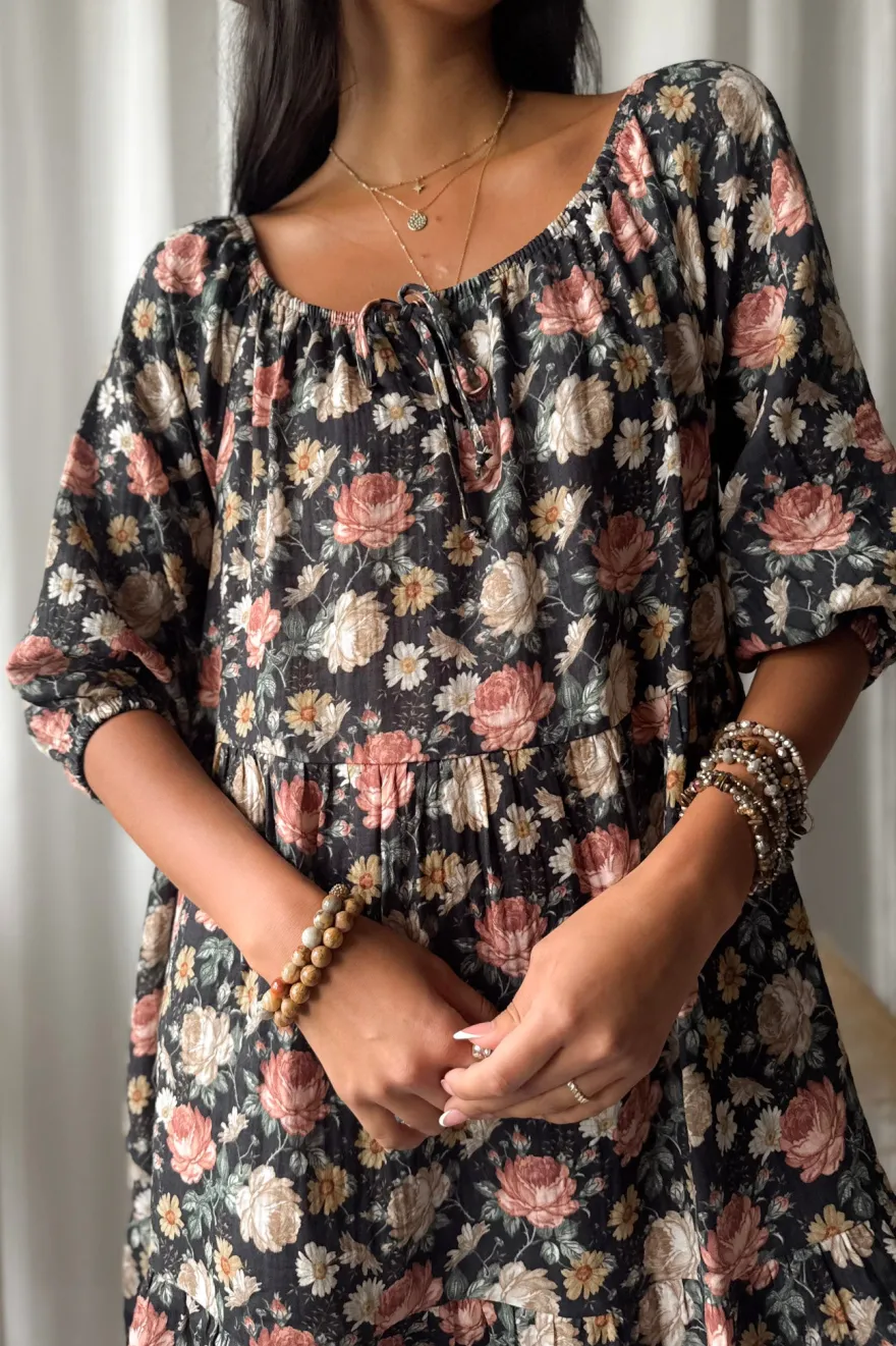 Emilia puuvillamekko, black cottage floral