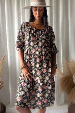 Emilia puuvillamekko, black cottage floral