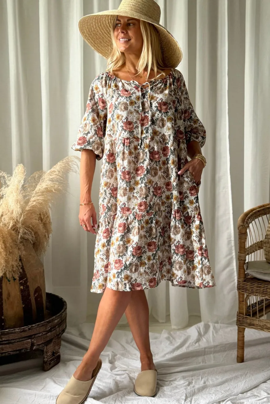 Emilia puuvillamekko, off white cottage floral