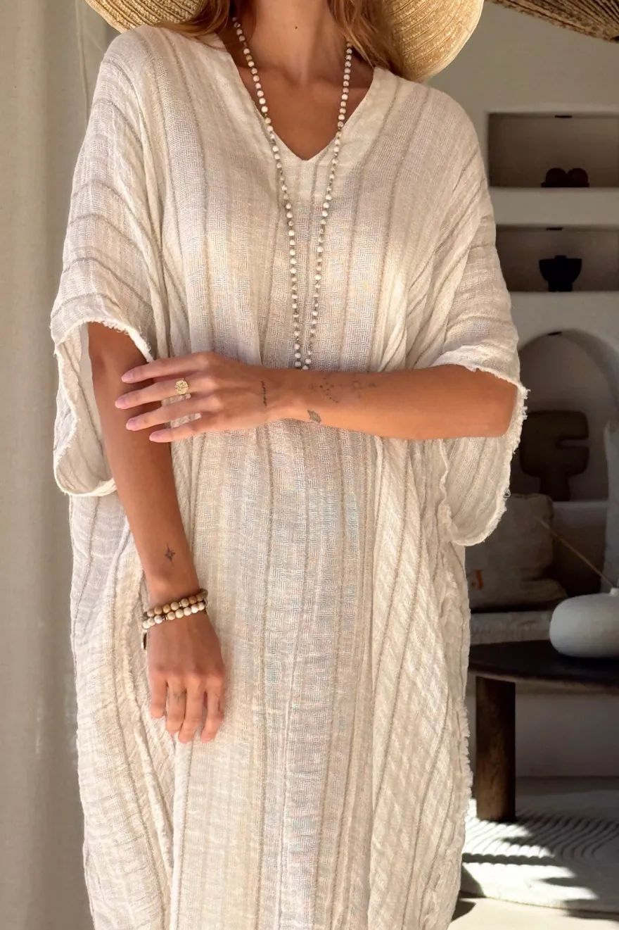 Esme mesh pellavakaftaani, beige raidallinen