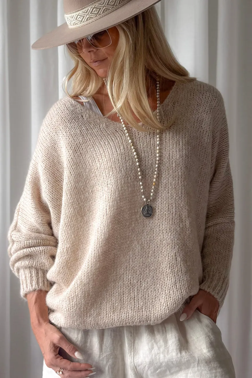 Honey v-aukkoinen alpakkasekoiteneule, beige