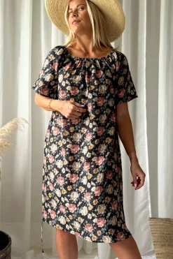 Moraira puuvillamekko midi, black cottage floral