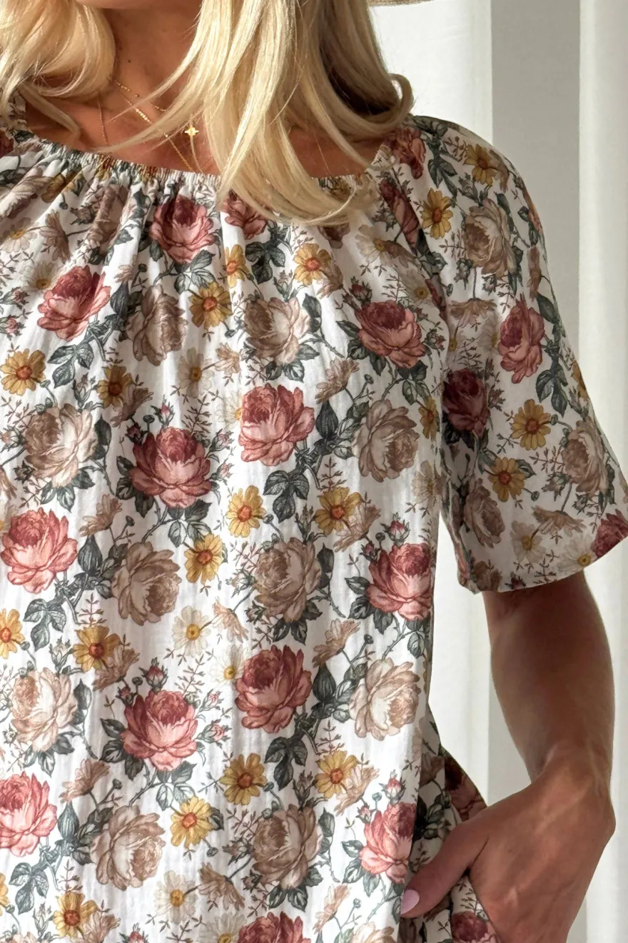 Moraira puuvillamekko midi, off white cottage floral