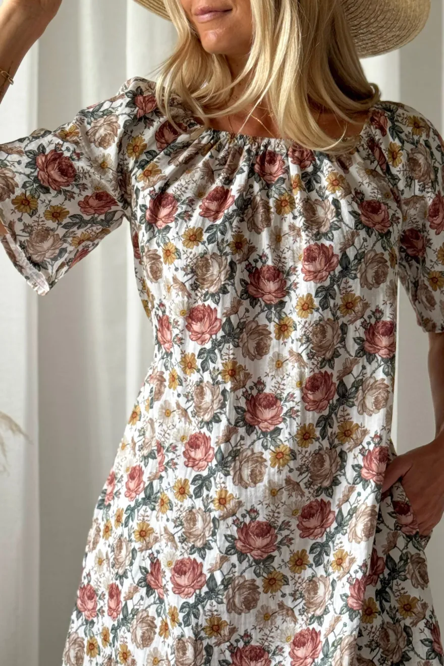 Moraira puuvillamekko midi, off white cottage floral