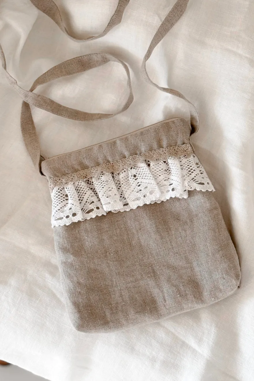 Pitsinen crossbody laukku, natural + valkoinen pitsi