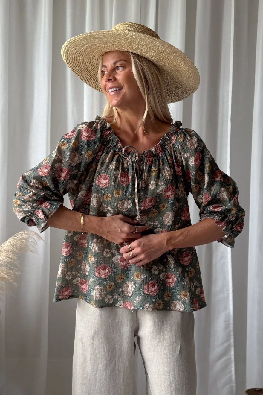Sofia puuvillapaita, camo cottage floral
