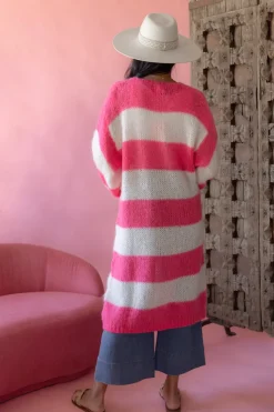 Stripes long neuletakki, coral-white