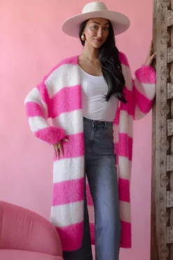 Stripes long neuletakki, pink-white